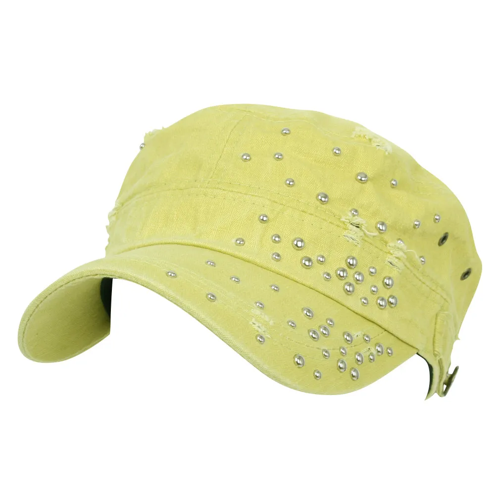 ililily Distressed Military Silver Round Studs Cadet Cap Flex-fit Army Style Hat