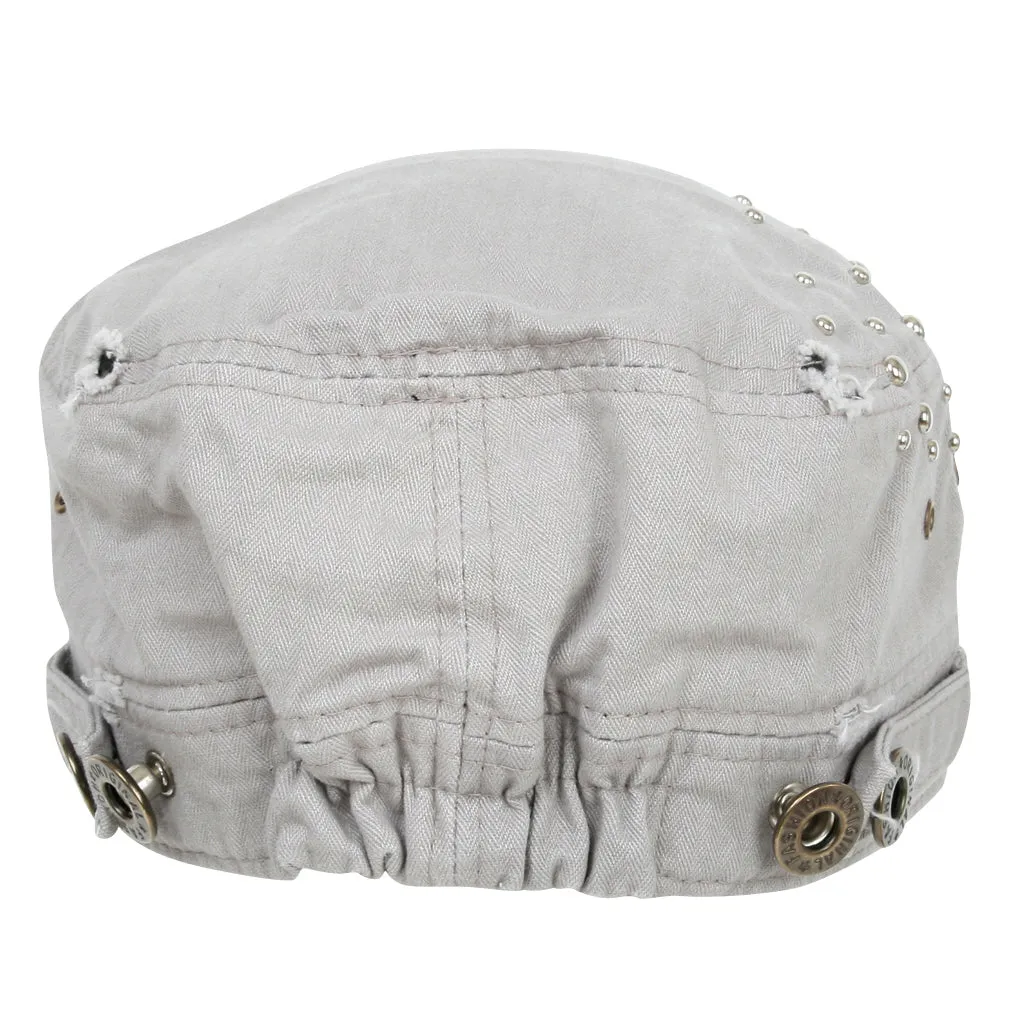 ililily Distressed Military Silver Round Studs Cadet Cap Flex-fit Army Style Hat