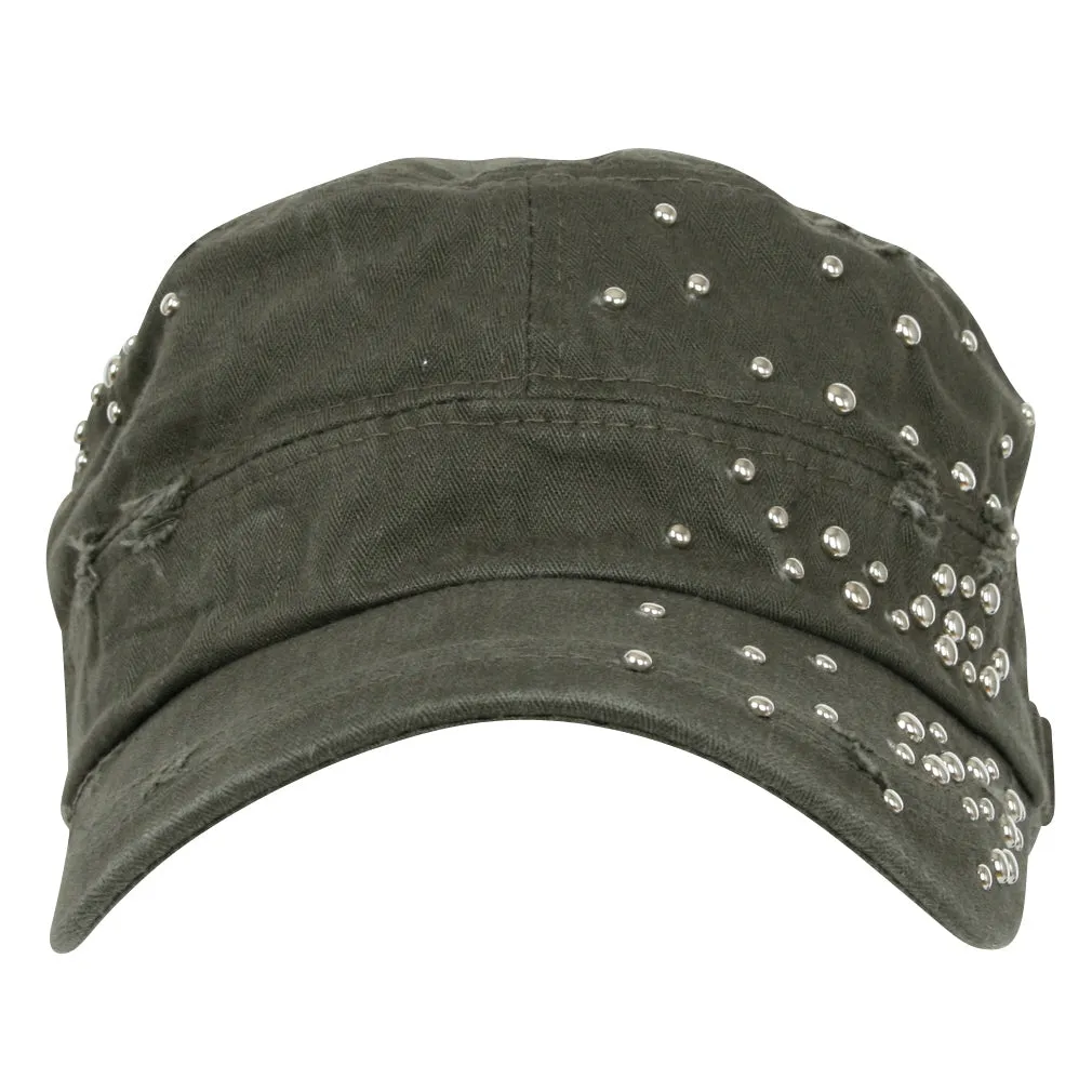 ililily Distressed Military Silver Round Studs Cadet Cap Flex-fit Army Style Hat