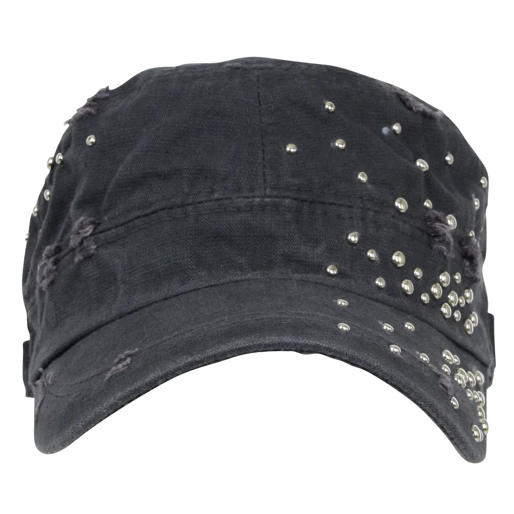ililily Distressed Military Silver Round Studs Cadet Cap Flex-fit Army Style Hat