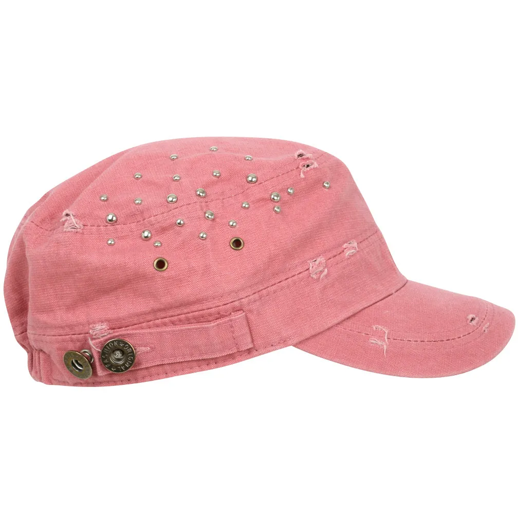 ililily Distressed Military Silver Round Studs Cadet Cap Flex-fit Army Style Hat
