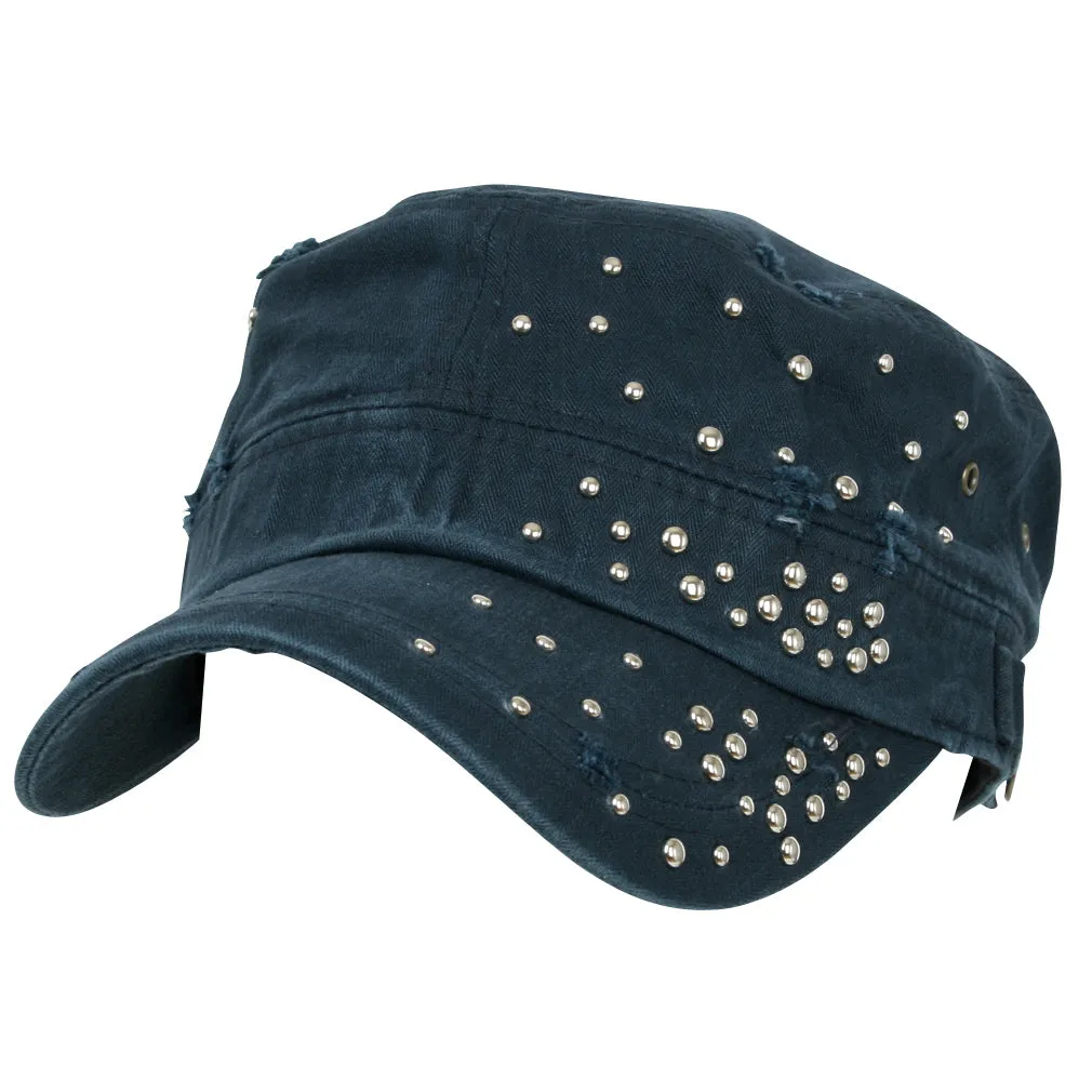 ililily Distressed Military Silver Round Studs Cadet Cap Flex-fit Army Style Hat