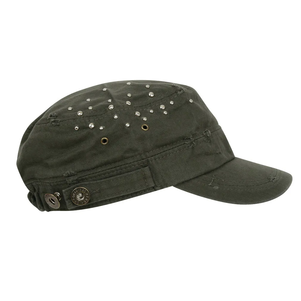 ililily Distressed Military Silver Round Studs Cadet Cap Flex-fit Army Style Hat