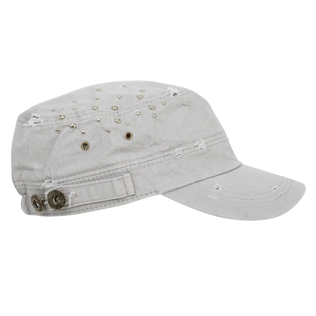 ililily Distressed Military Silver Round Studs Cadet Cap Flex-fit Army Style Hat