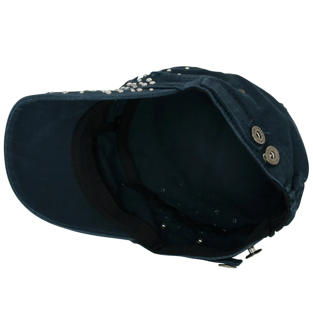 ililily Distressed Military Silver Round Studs Cadet Cap Flex-fit Army Style Hat