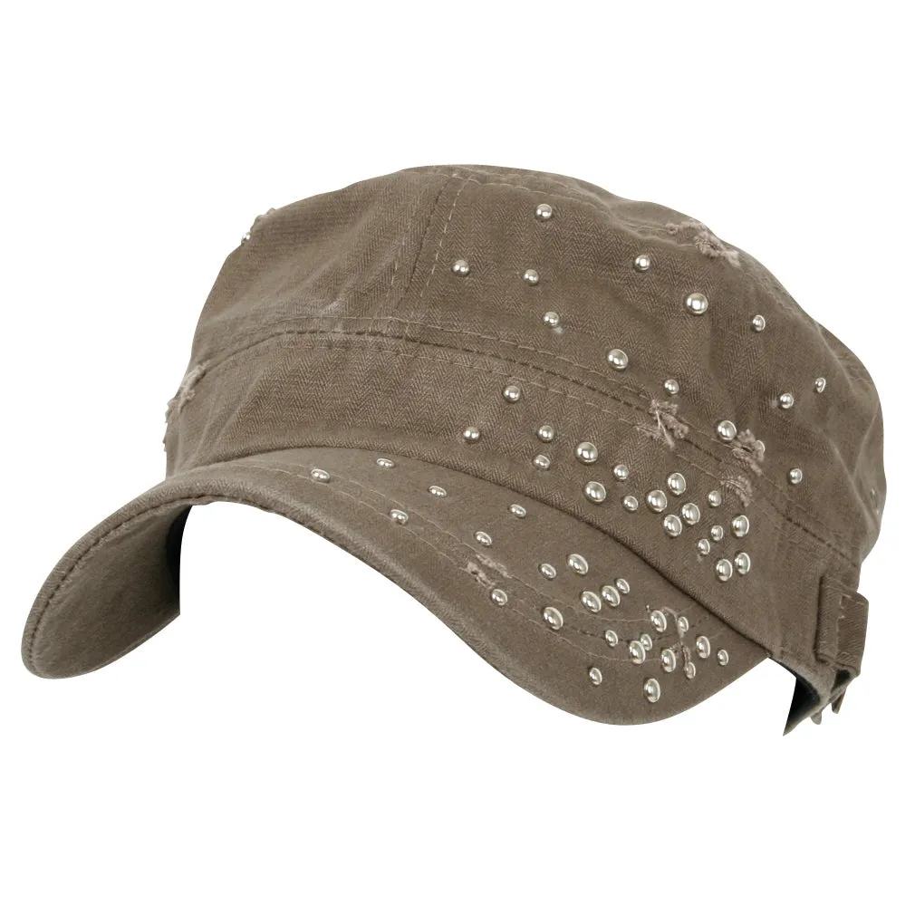 ililily Distressed Military Silver Round Studs Cadet Cap Flex-fit Army Style Hat
