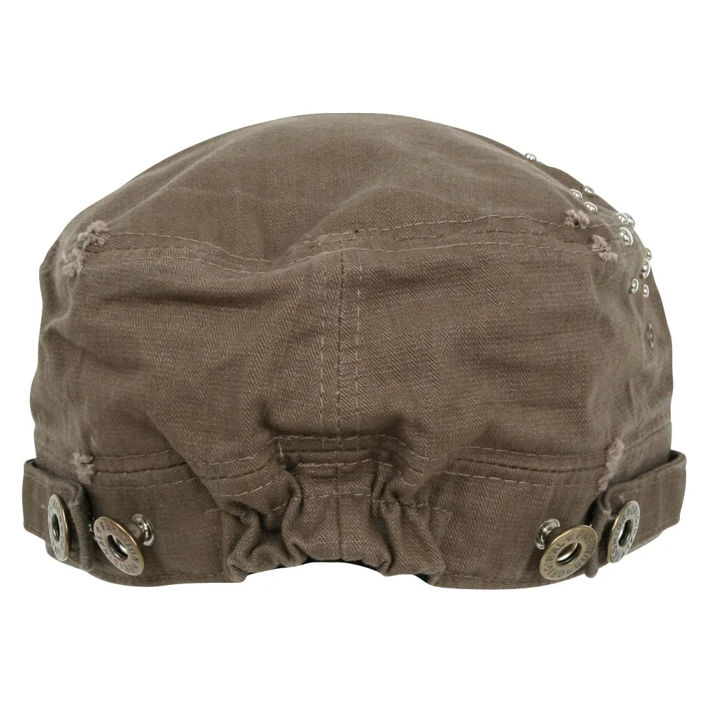 ililily Distressed Military Silver Round Studs Cadet Cap Flex-fit Army Style Hat