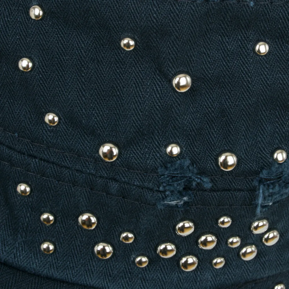 ililily Distressed Military Silver Round Studs Cadet Cap Flex-fit Army Style Hat
