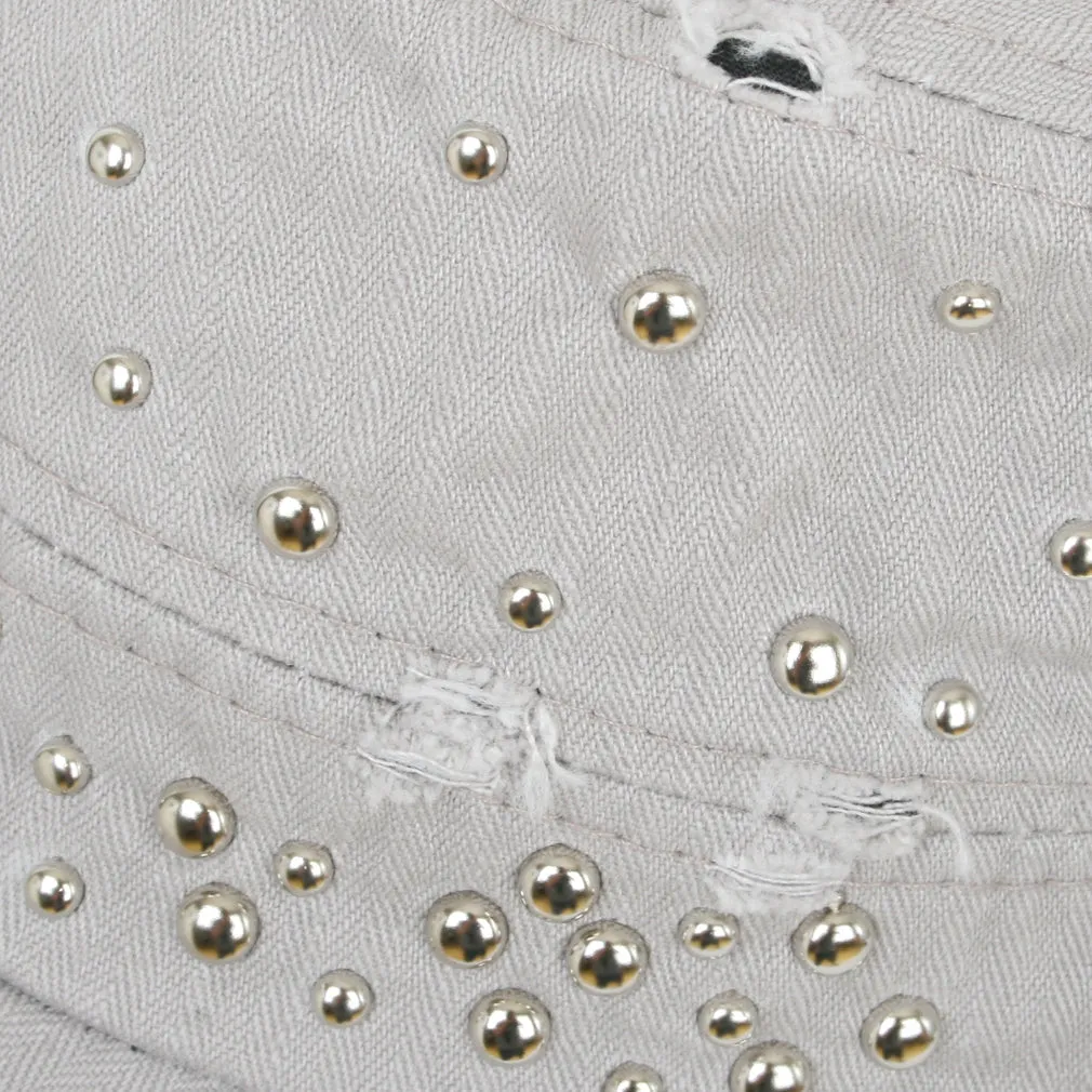 ililily Distressed Military Silver Round Studs Cadet Cap Flex-fit Army Style Hat