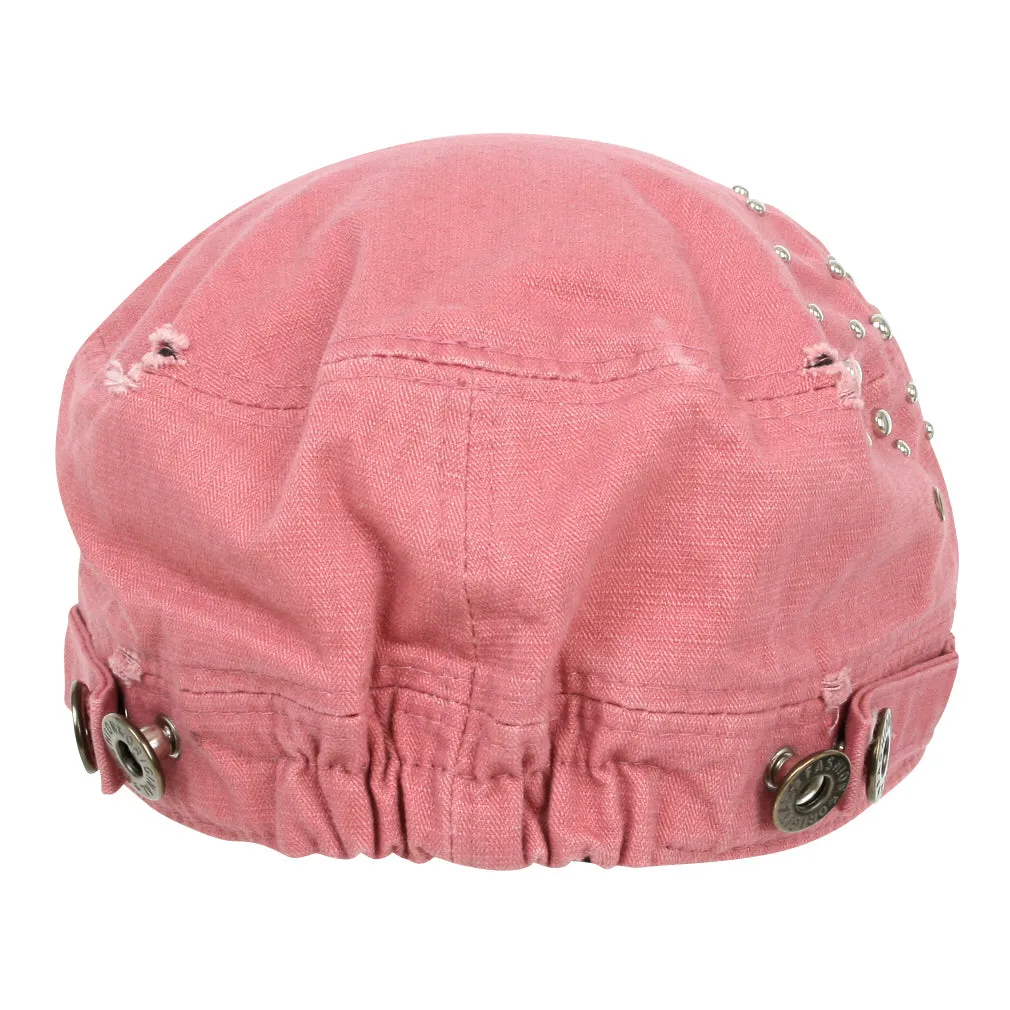ililily Distressed Military Silver Round Studs Cadet Cap Flex-fit Army Style Hat