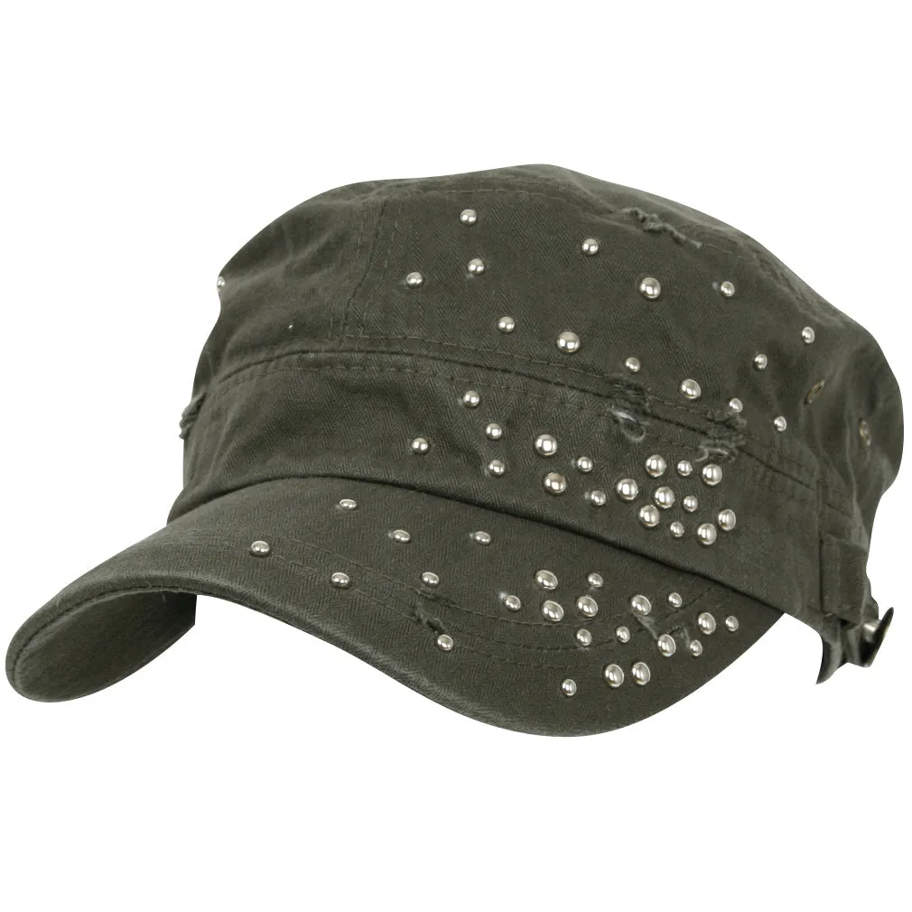 ililily Distressed Military Silver Round Studs Cadet Cap Flex-fit Army Style Hat