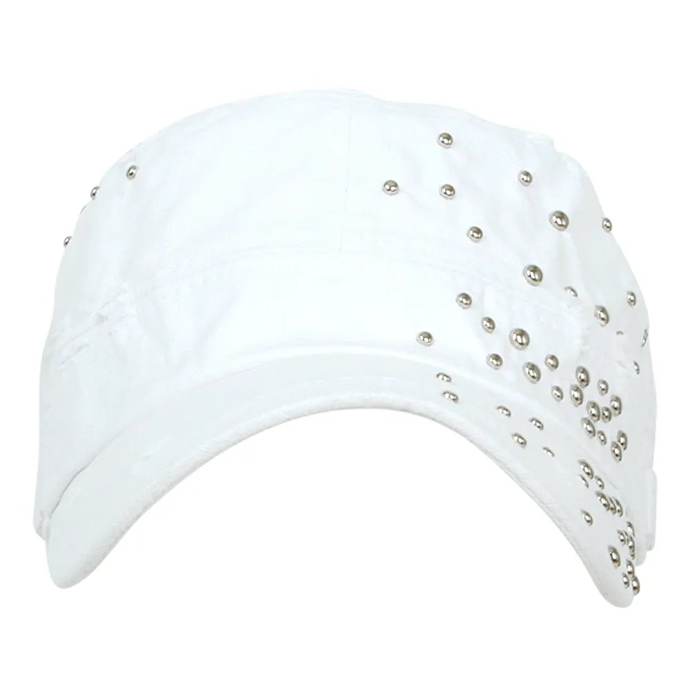 ililily Distressed Military Silver Round Studs Cadet Cap Flex-fit Army Style Hat