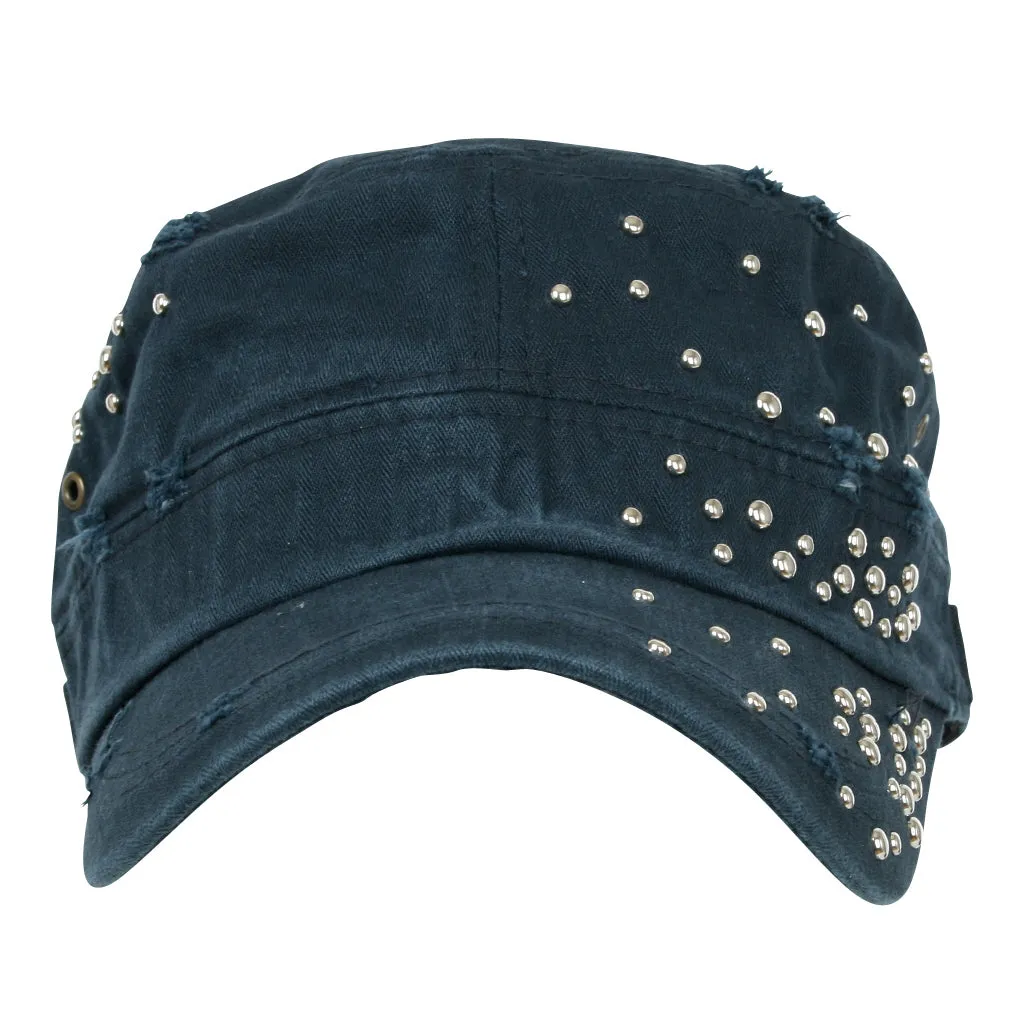 ililily Distressed Military Silver Round Studs Cadet Cap Flex-fit Army Style Hat