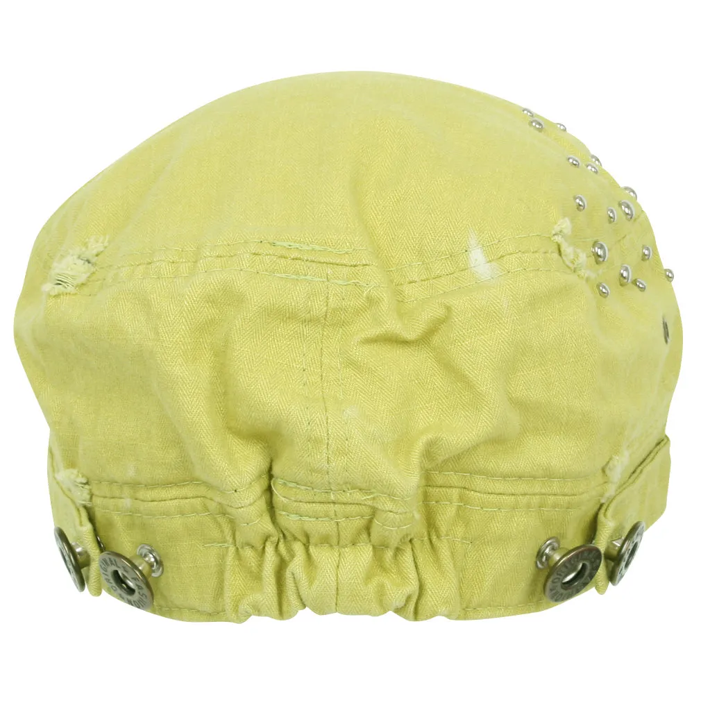 ililily Distressed Military Silver Round Studs Cadet Cap Flex-fit Army Style Hat