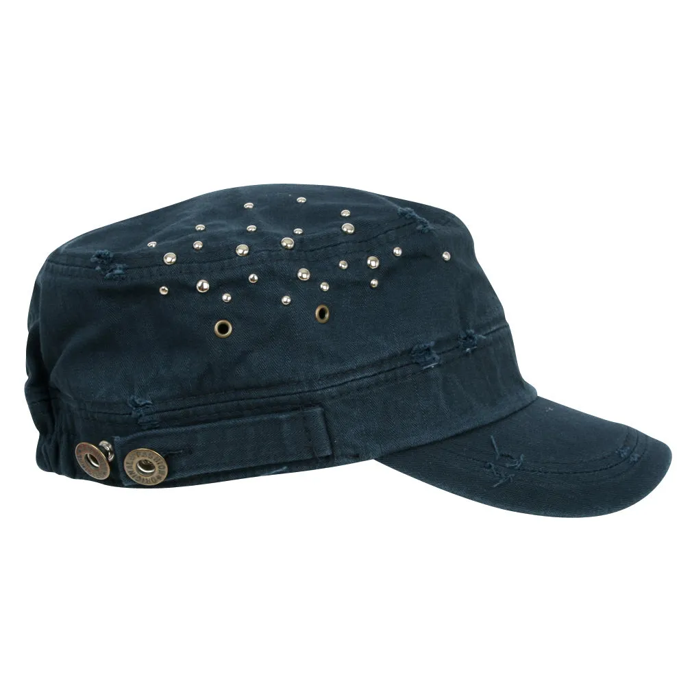 ililily Distressed Military Silver Round Studs Cadet Cap Flex-fit Army Style Hat
