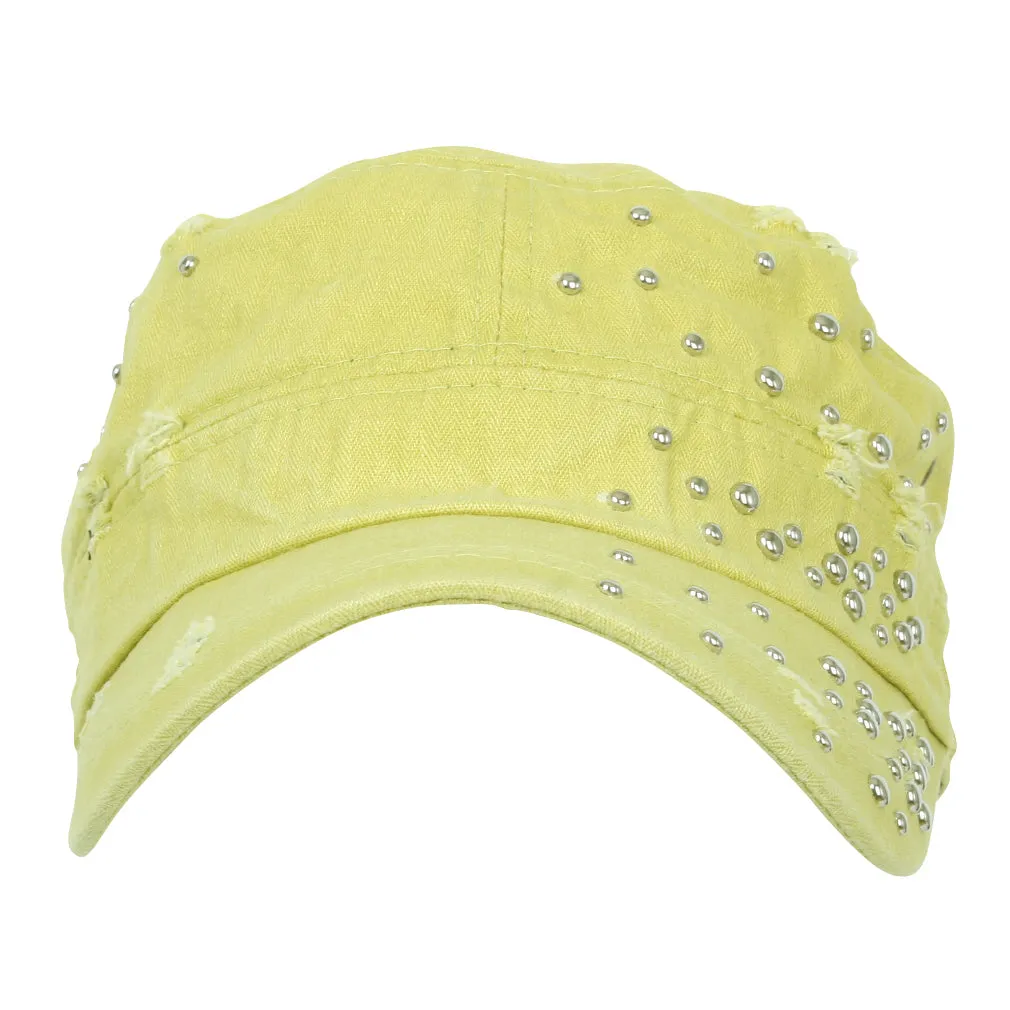 ililily Distressed Military Silver Round Studs Cadet Cap Flex-fit Army Style Hat