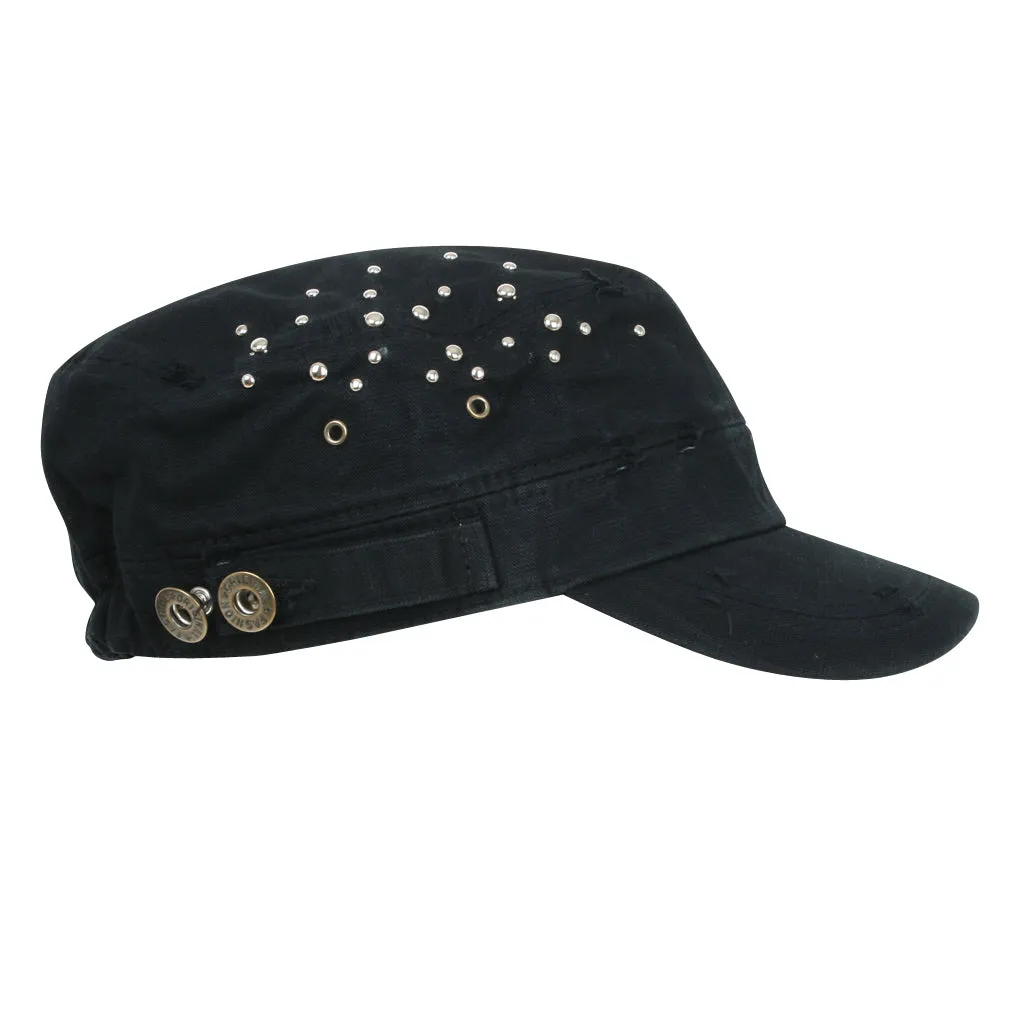 ililily Distressed Military Silver Round Studs Cadet Cap Flex-fit Army Style Hat