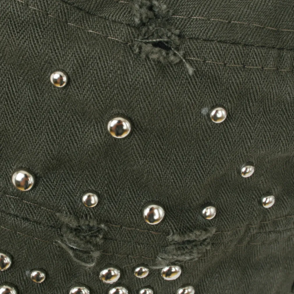 ililily Distressed Military Silver Round Studs Cadet Cap Flex-fit Army Style Hat