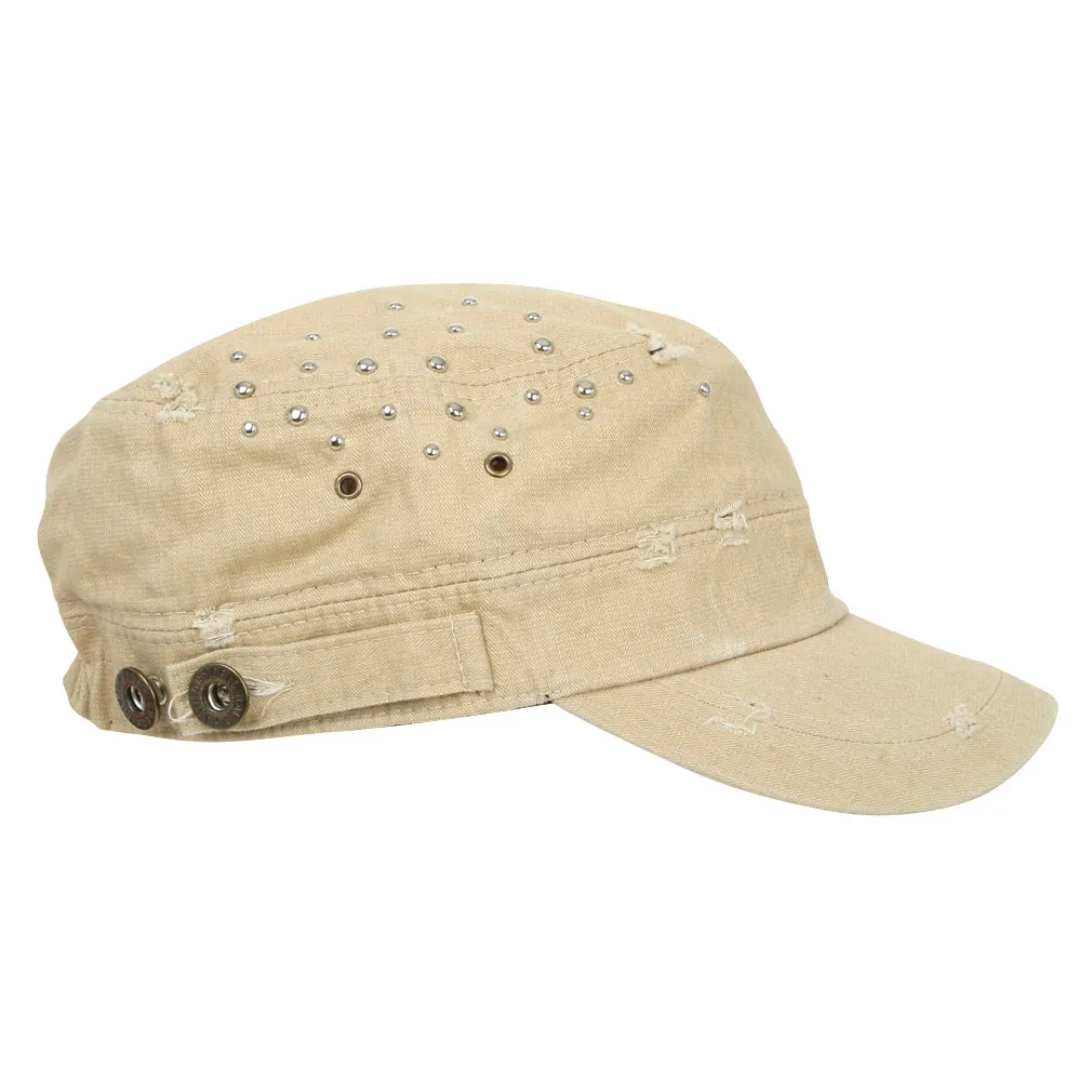 ililily Distressed Military Silver Round Studs Cadet Cap Flex-fit Army Style Hat