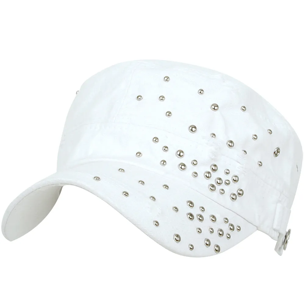 ililily Distressed Military Silver Round Studs Cadet Cap Flex-fit Army Style Hat