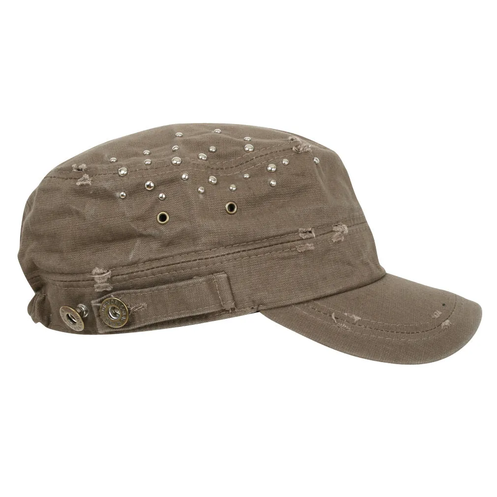 ililily Distressed Military Silver Round Studs Cadet Cap Flex-fit Army Style Hat