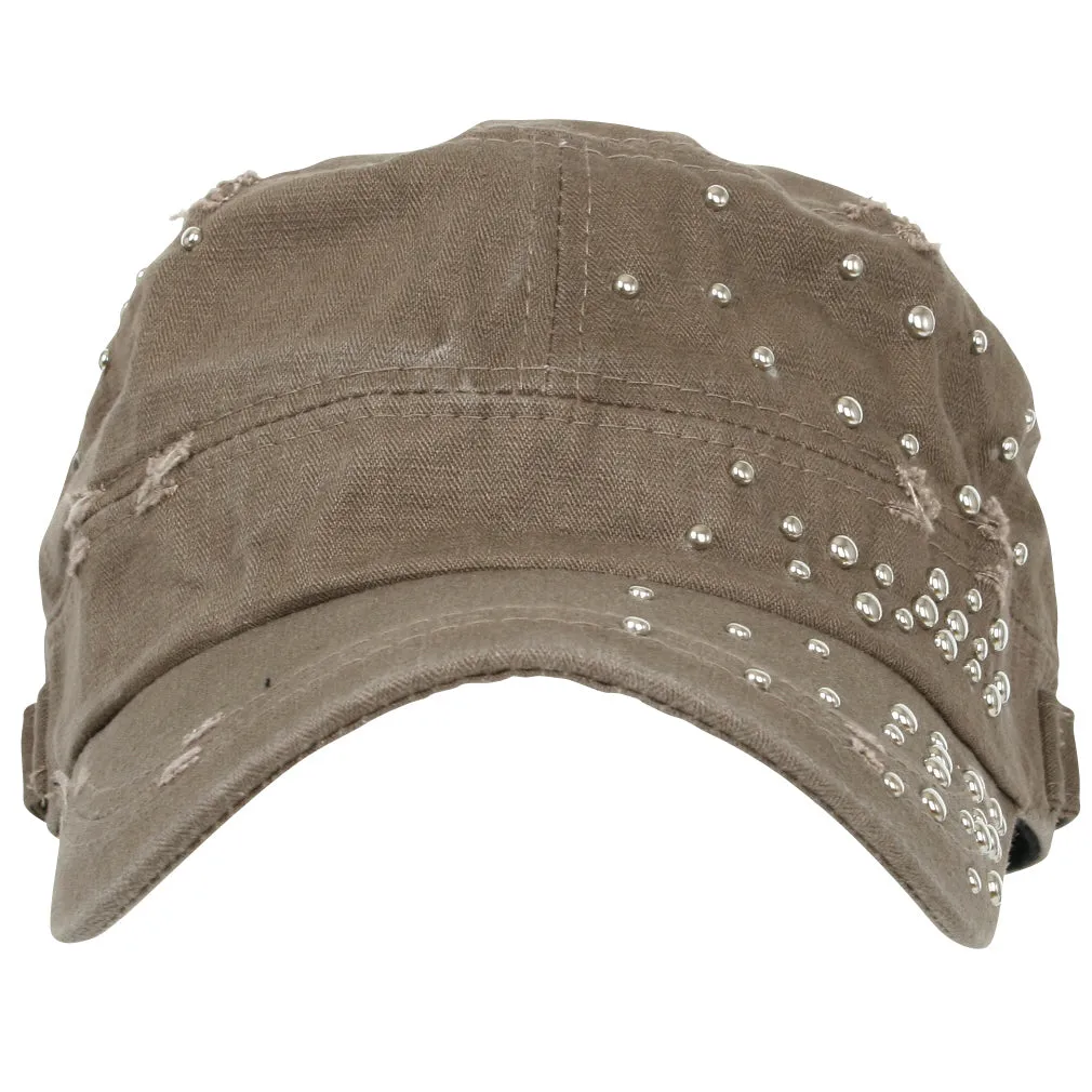 ililily Distressed Military Silver Round Studs Cadet Cap Flex-fit Army Style Hat