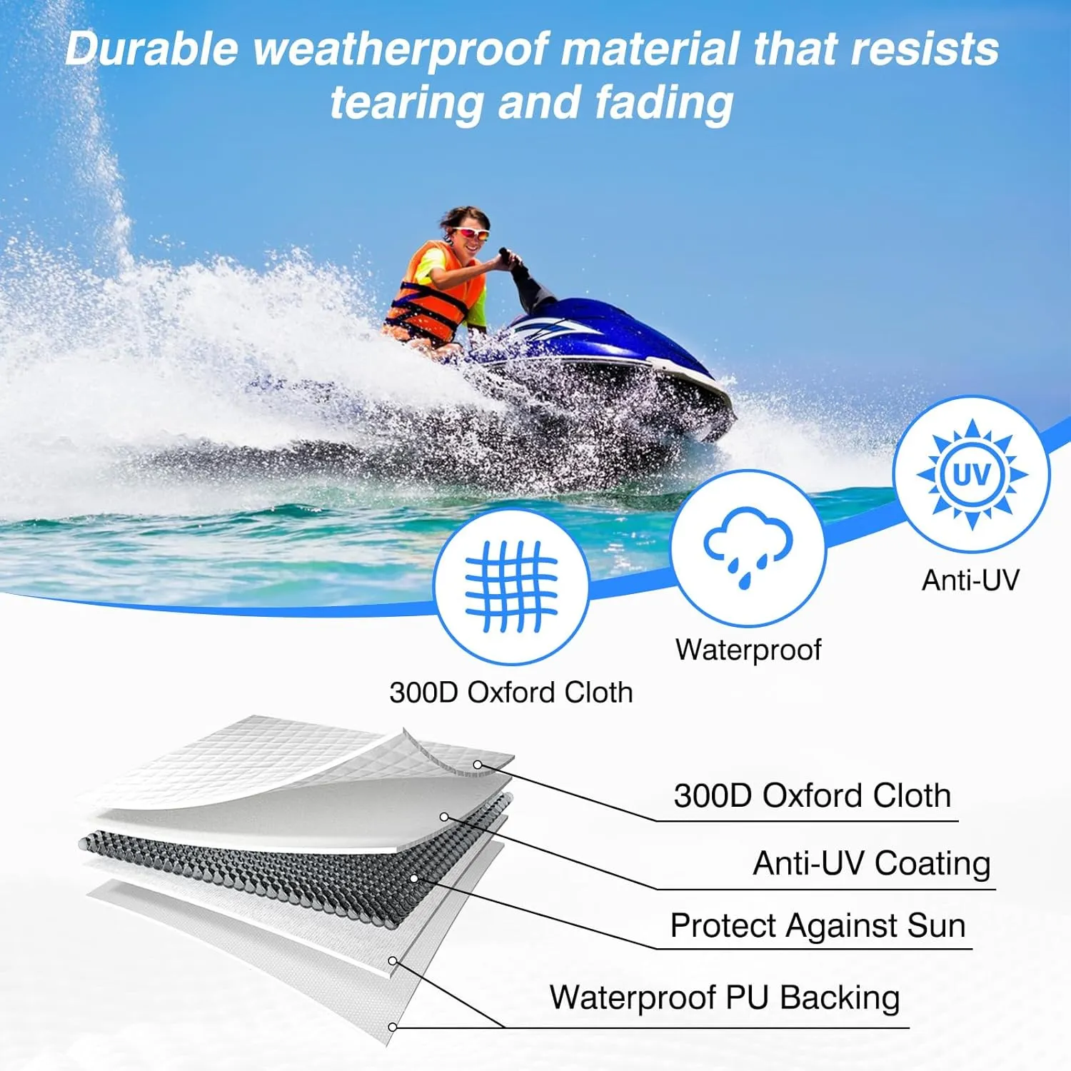 Jet Ski Cover, 120"-135" 1or 3-Seater Watercrafts, Compatible with Yamaha, Seadoo, Kawasaki, Jet Ski Covers UV-Resistant 300D Duty Oxford PU Waterproof