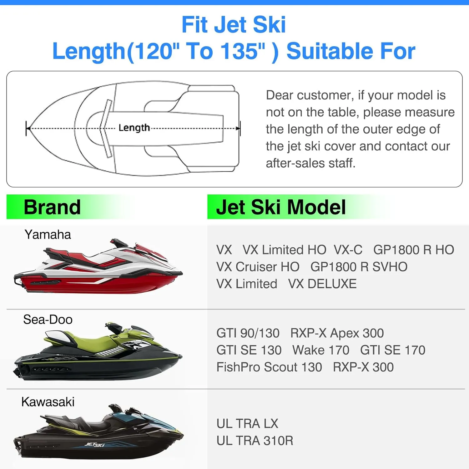 Jet Ski Cover, 120"-135" 1or 3-Seater Watercrafts, Compatible with Yamaha, Seadoo, Kawasaki, Jet Ski Covers UV-Resistant 300D Duty Oxford PU Waterproof