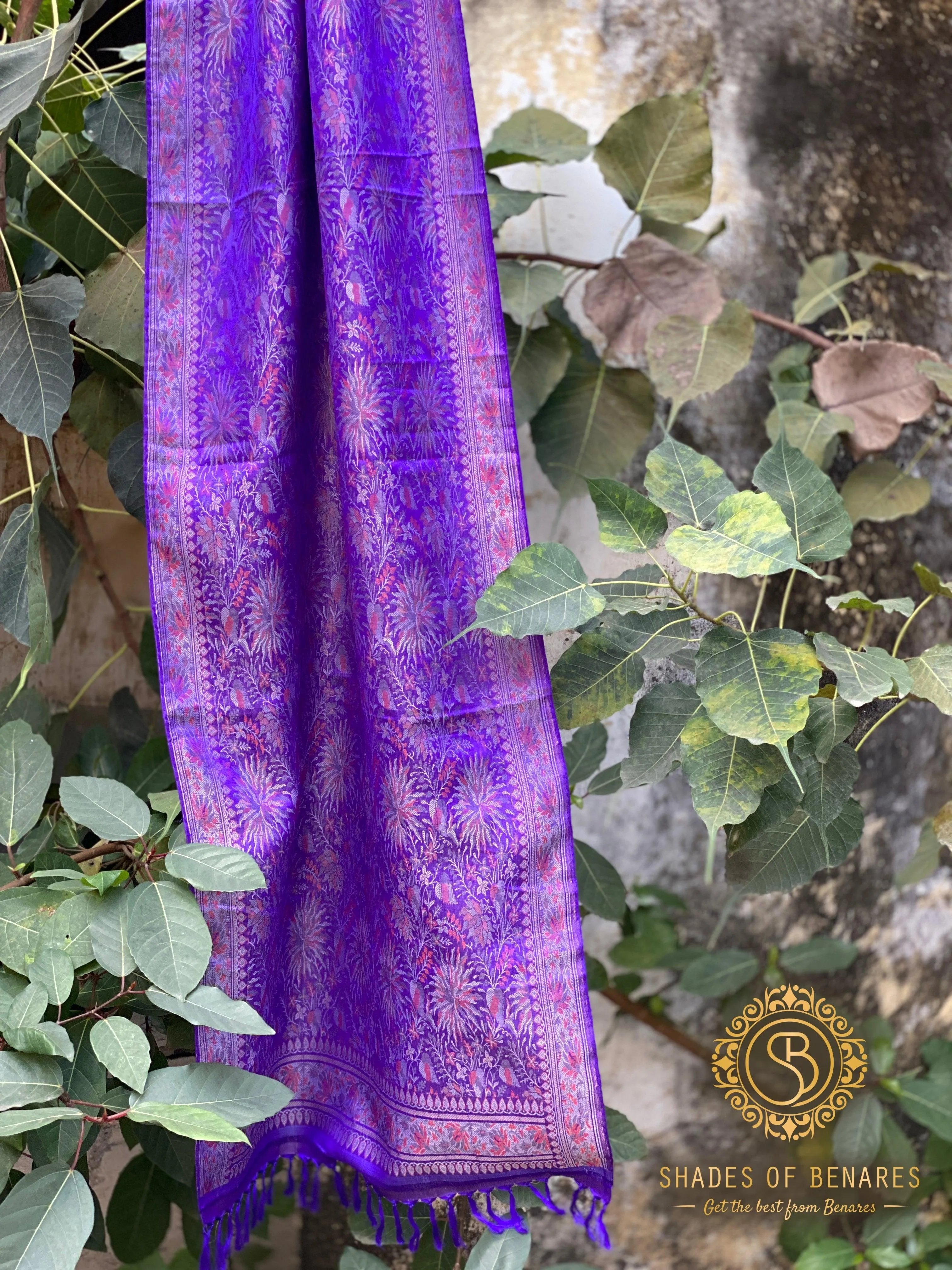Luxury Redefined: Purple Pure Silk Handloom Printed Banarasi Silk Scarf