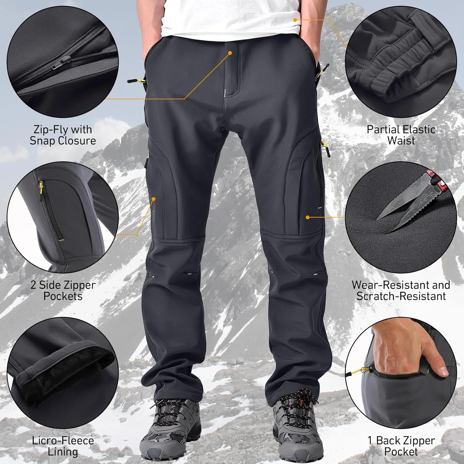 Mens Hiking Waterproof Pants Snow Ski Insulated Fleece Lined Winter Fishing Walking Outdoor Pants