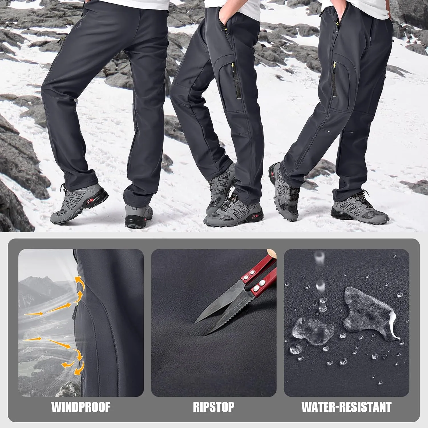 Mens Hiking Waterproof Pants Snow Ski Insulated Fleece Lined Winter Fishing Walking Outdoor Pants