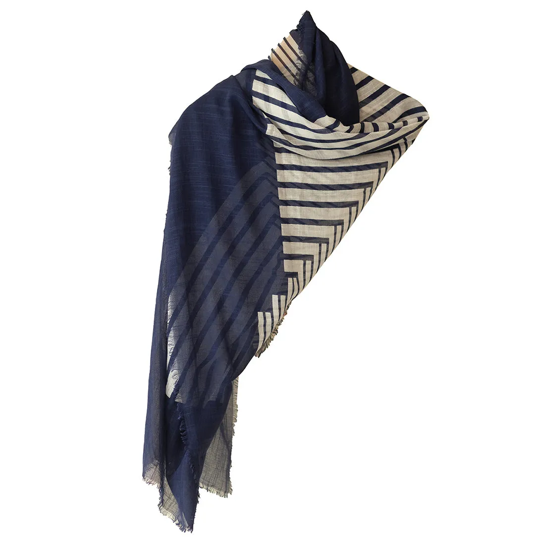 Navy Blue & White Stripes Printed Italian Fringes Oversized Modal Scarf