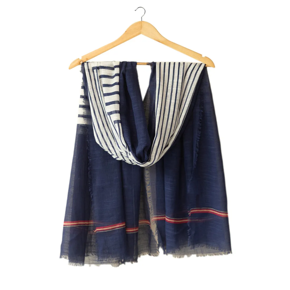 Navy Blue & White Stripes Printed Italian Fringes Oversized Modal Scarf