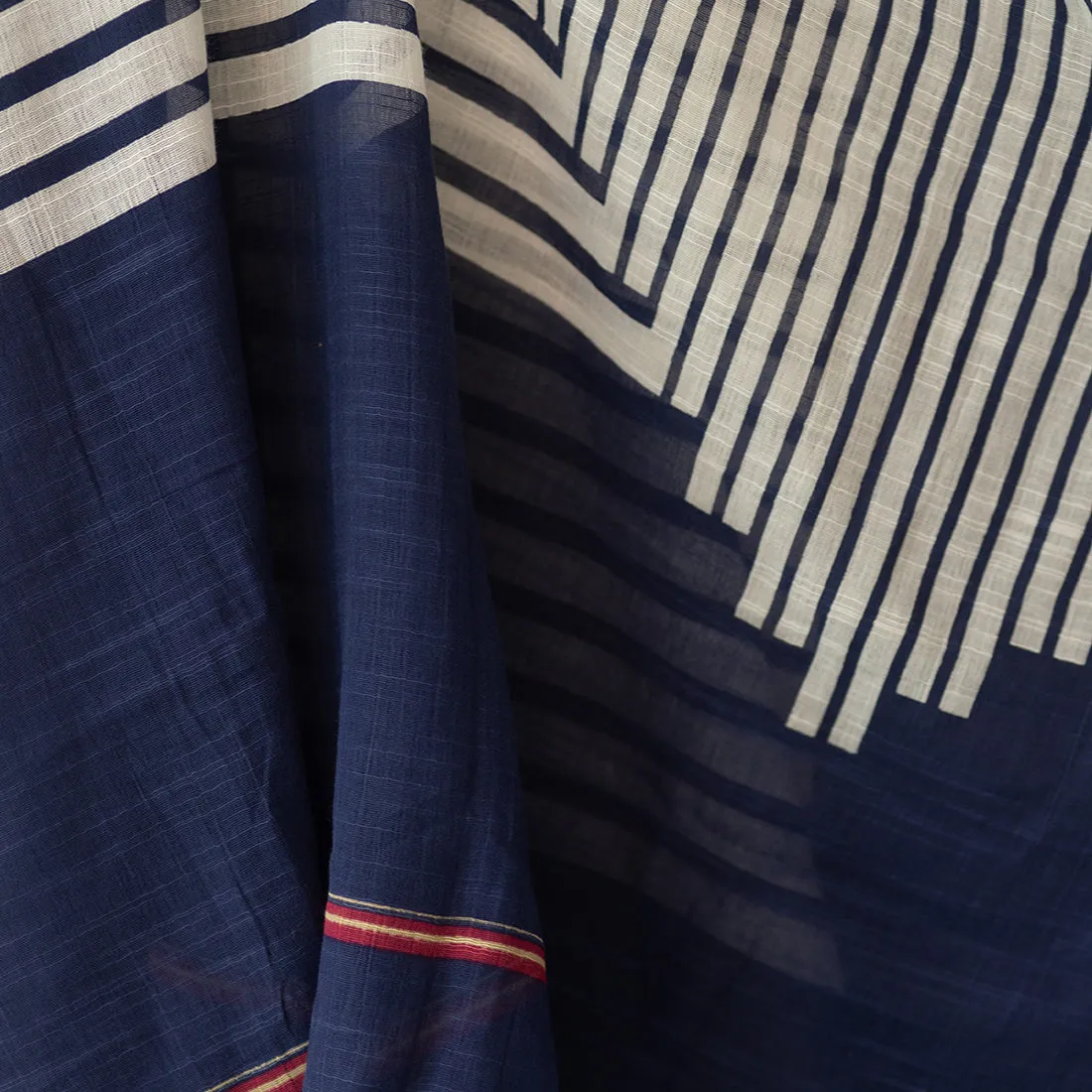 Navy Blue & White Stripes Printed Italian Fringes Oversized Modal Scarf
