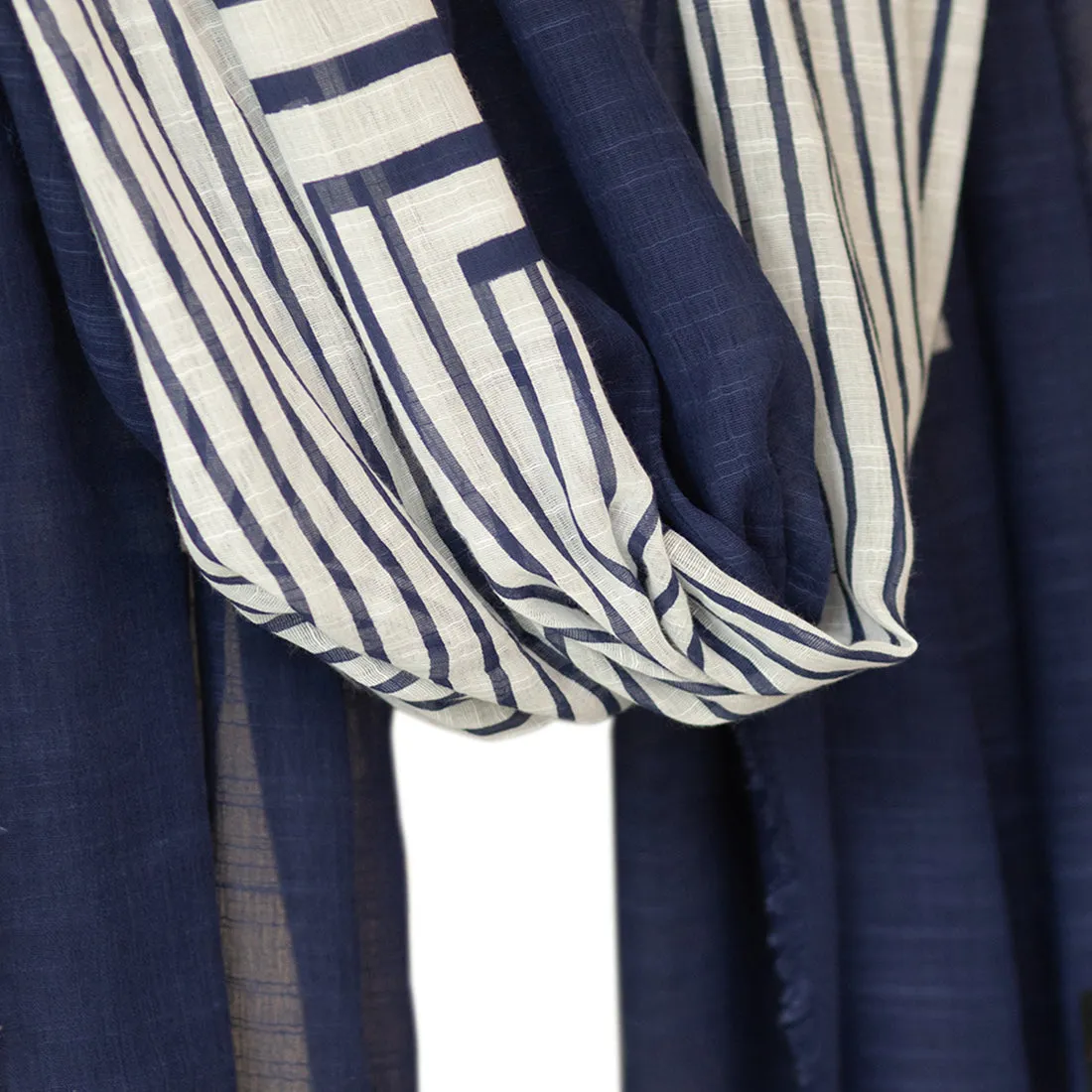 Navy Blue & White Stripes Printed Italian Fringes Oversized Modal Scarf