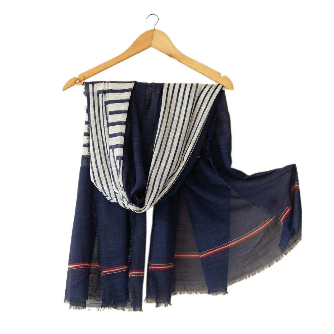 Navy Blue & White Stripes Printed Italian Fringes Oversized Modal Scarf