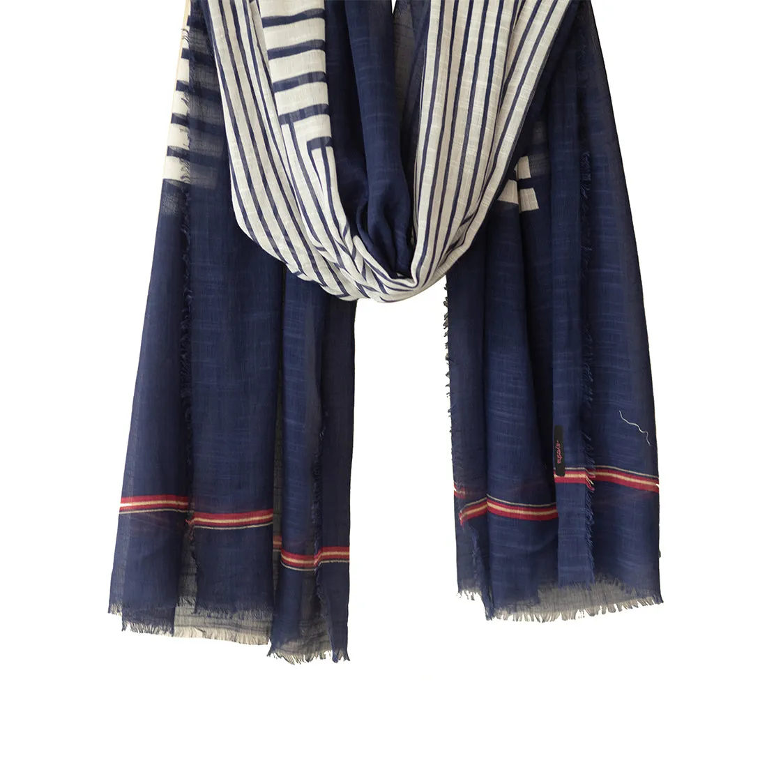 Navy Blue & White Stripes Printed Italian Fringes Oversized Modal Scarf