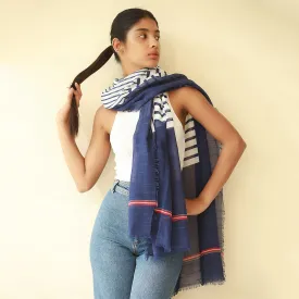 Navy Blue & White Stripes Printed Italian Fringes Oversized Modal Scarf