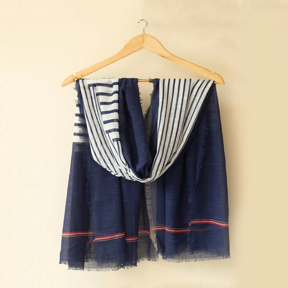 Navy Blue & White Stripes Printed Italian Fringes Oversized Modal Scarf