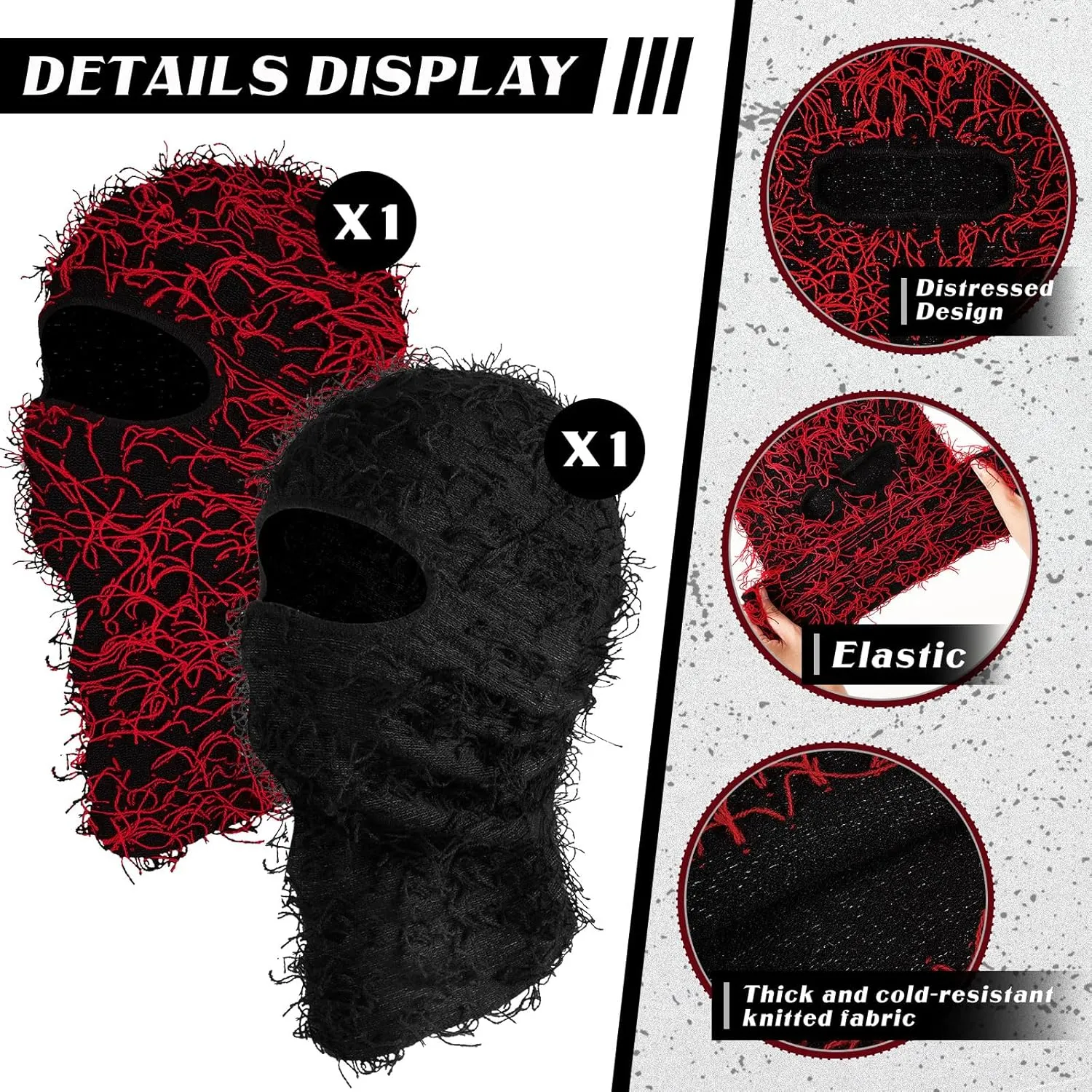 Newcotte 2 Pack Adult Distressed Balaclava Ski Mask Full Face Knitted Balaclava Windproof Cool Ski Mask for Cold Weather