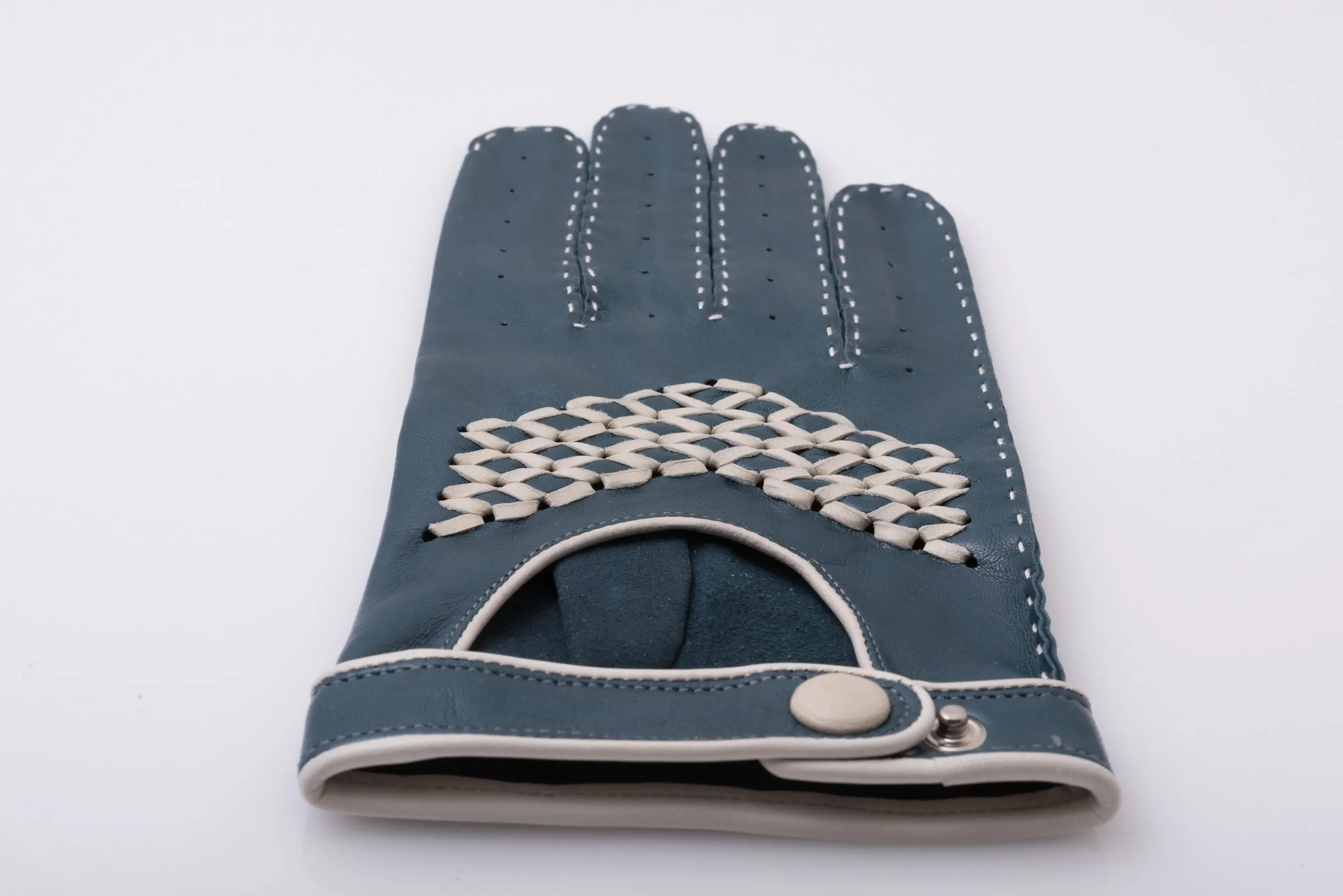 Petrol Blue & Cream Driving Gloves in Lamb Nappa Leather