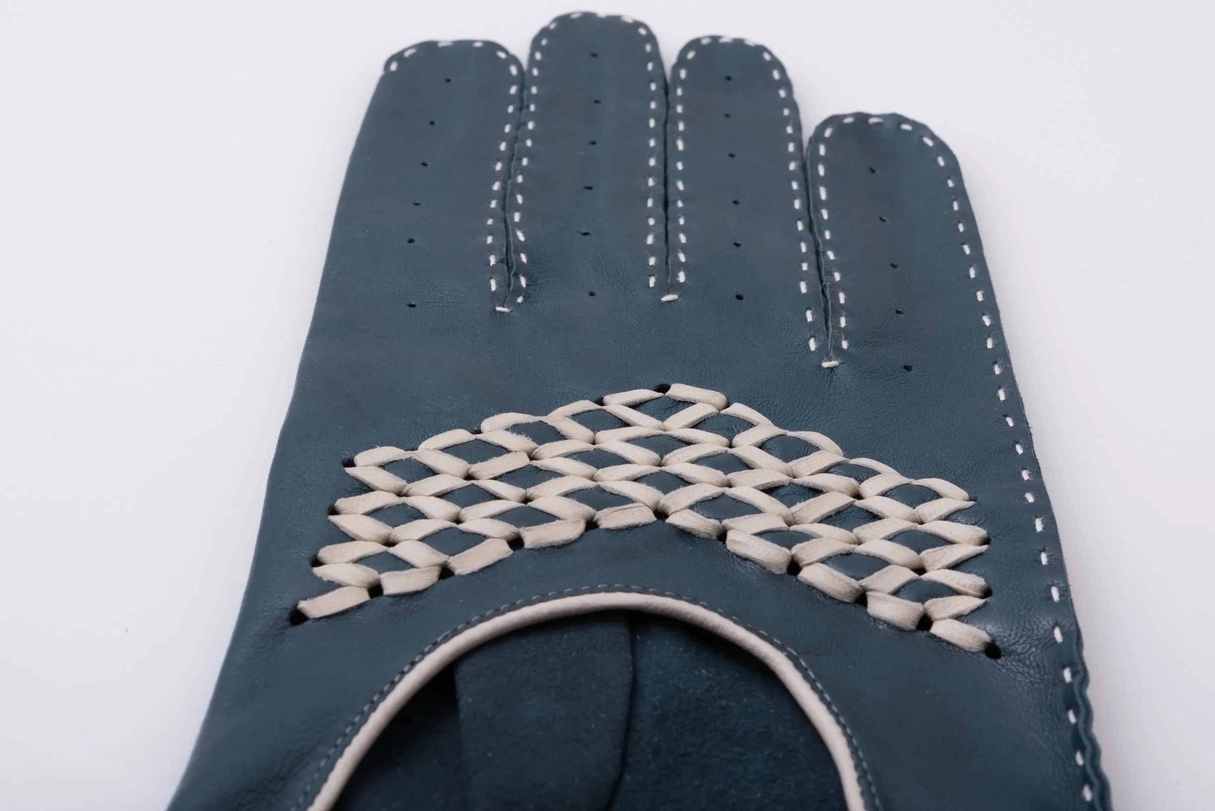Petrol Blue & Cream Driving Gloves in Lamb Nappa Leather