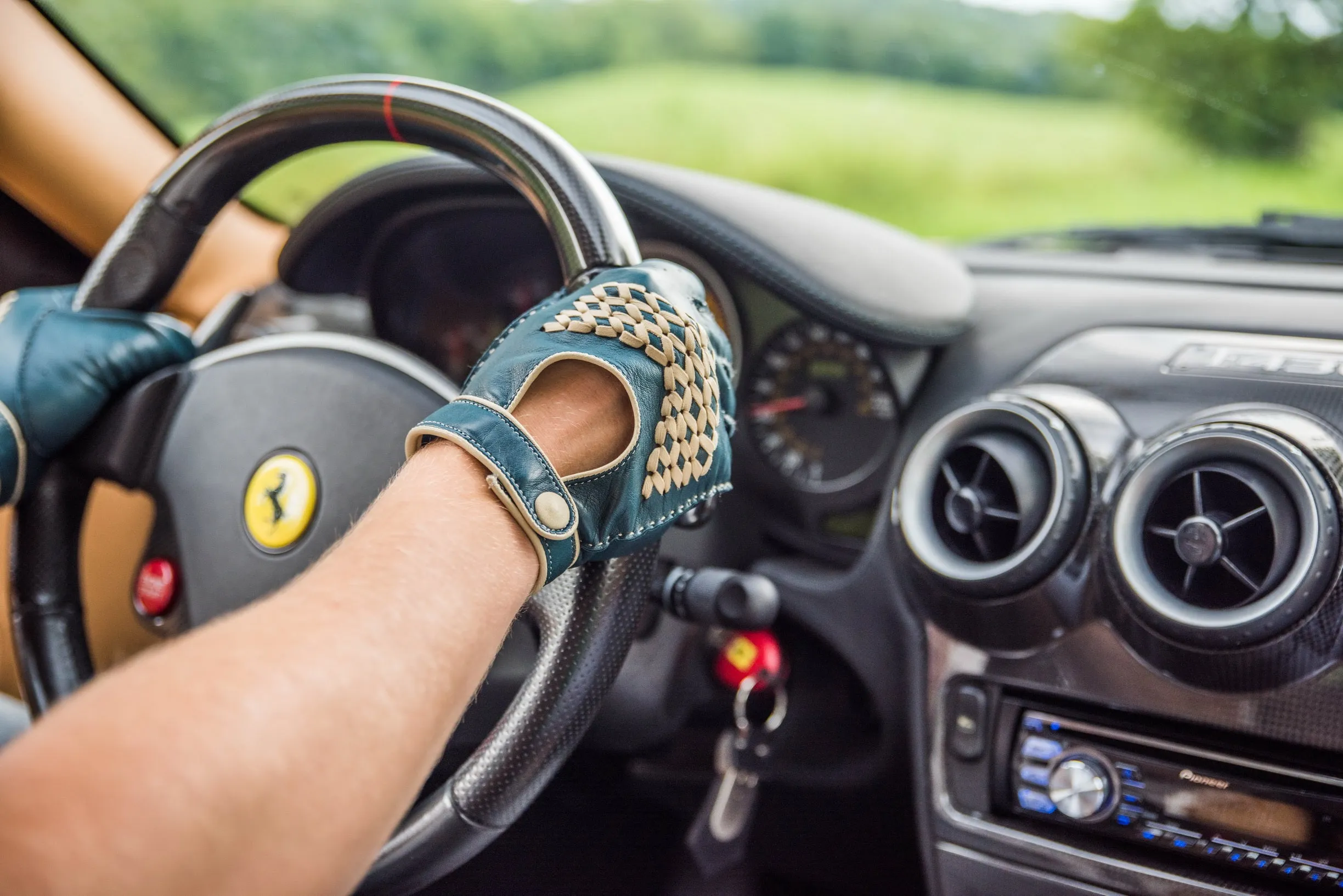 Petrol Blue & Cream Driving Gloves in Lamb Nappa Leather