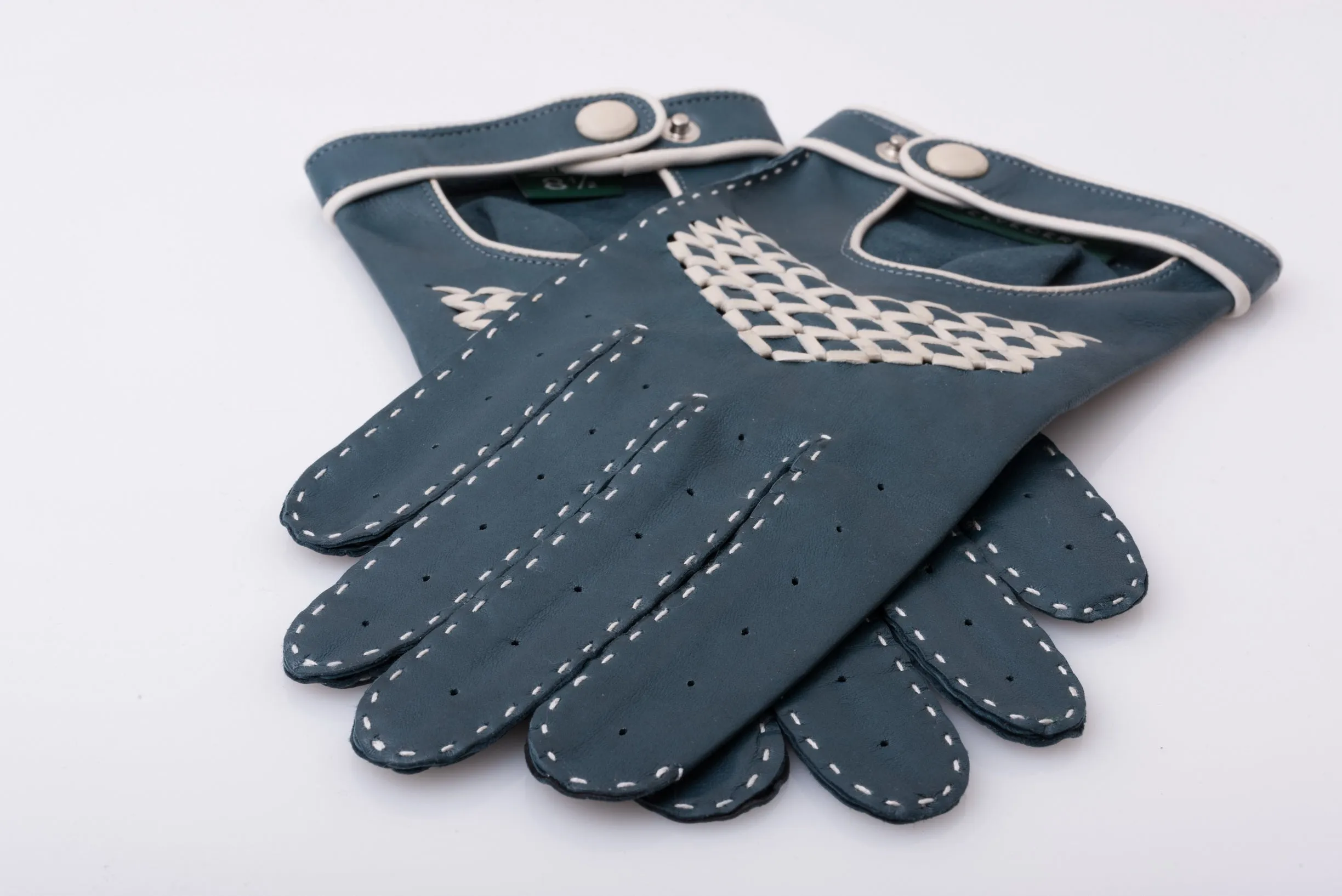 Petrol Blue & Cream Driving Gloves in Lamb Nappa Leather