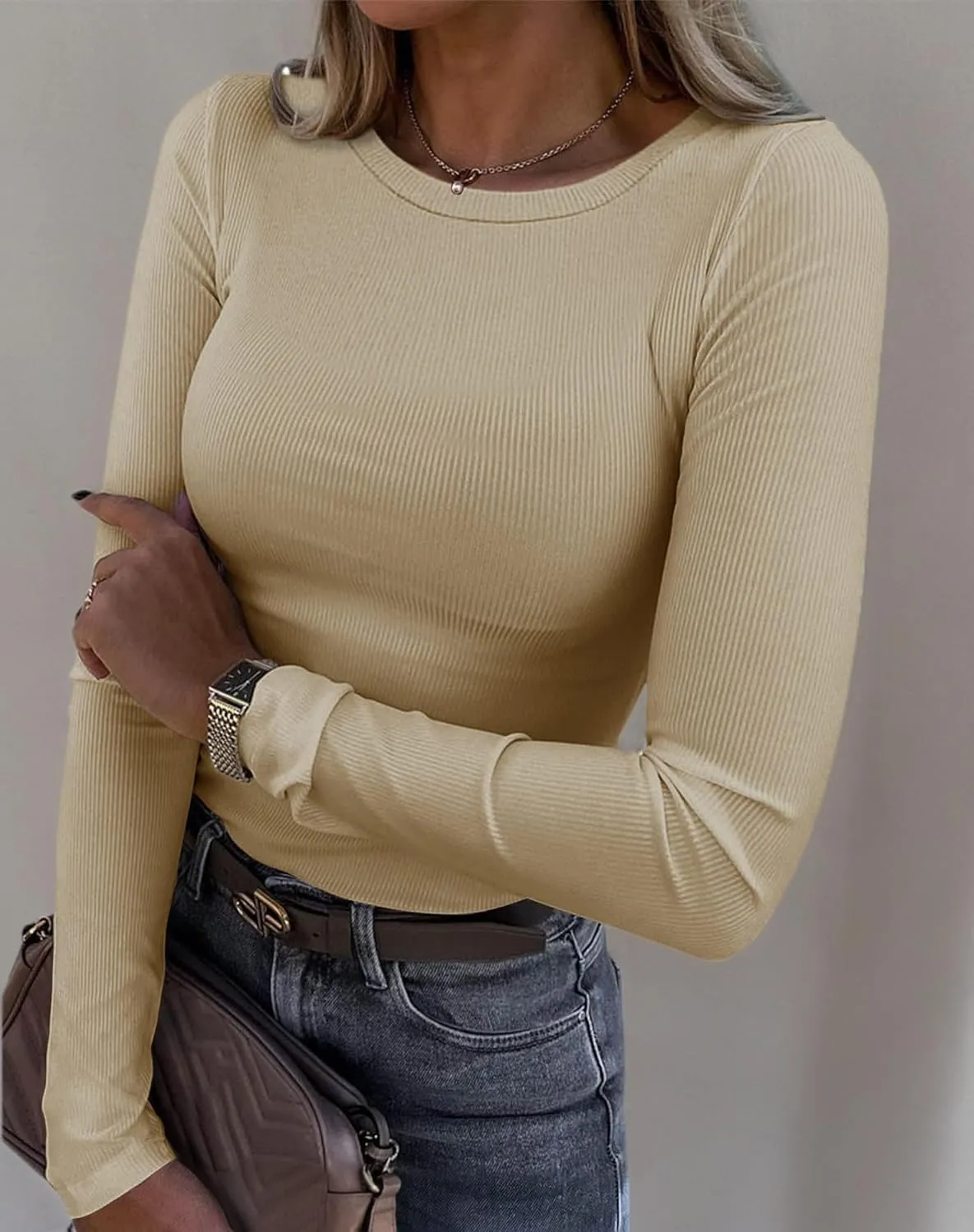 Roselux Womens Long Sleeve Stretch Crewneck Ribbed T-Shirt Fitted Casual Basic Tops