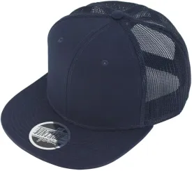 The Vintage Year Solid Cotton Twill Flat Brim Mesh Adjustable Snapback Trucker Baseball Cap (Navy)