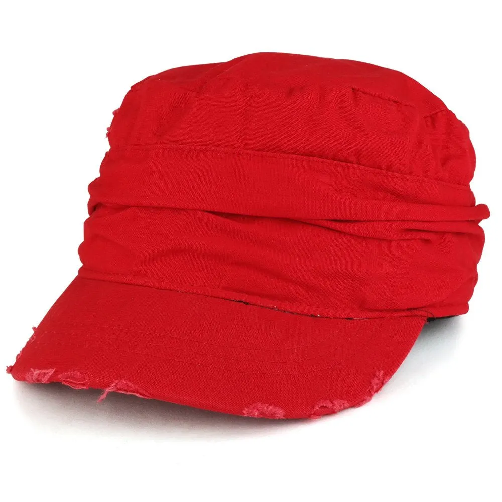 Vintage Frayed Wrinkled Elastic Band Cadet Style Army Cap