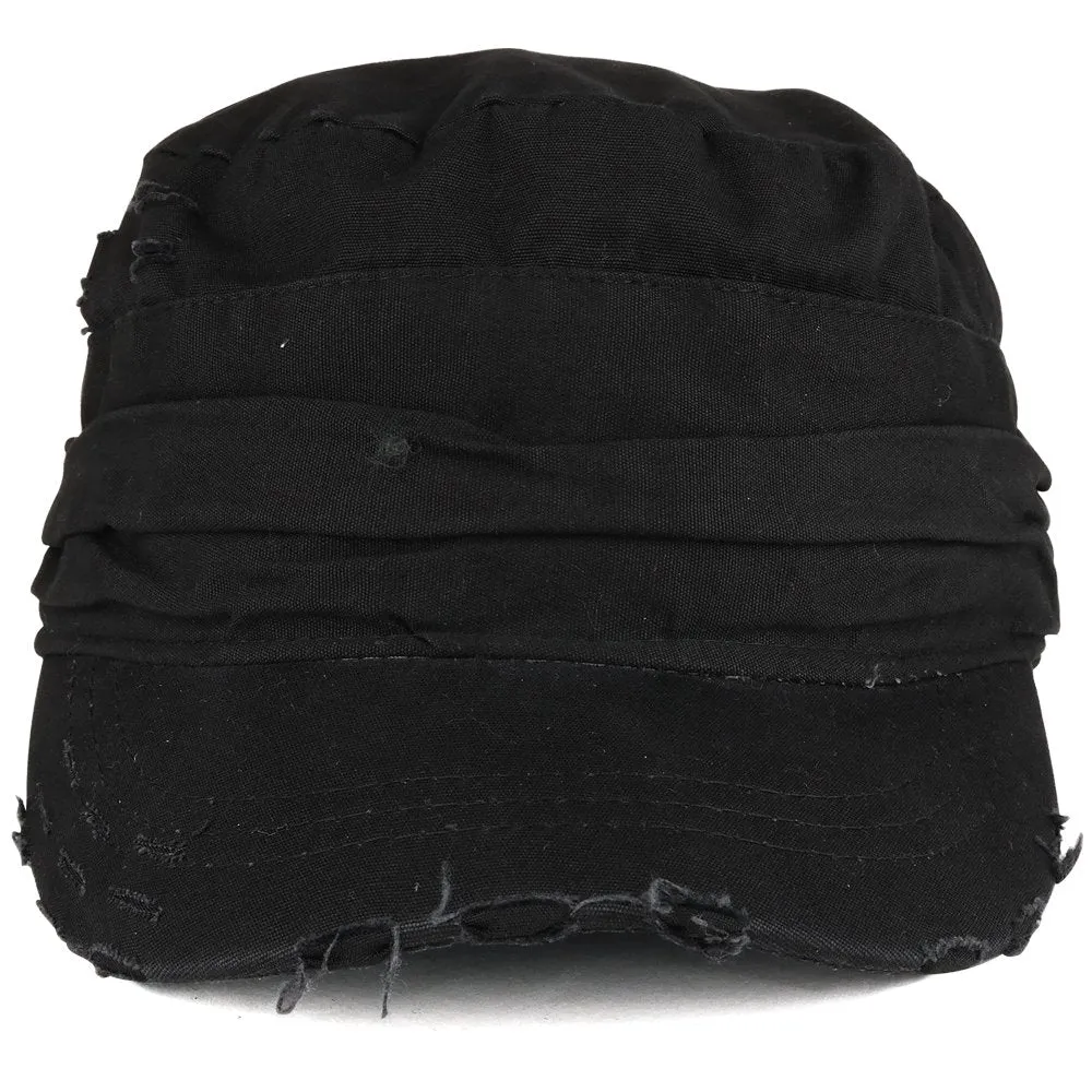 Vintage Frayed Wrinkled Elastic Band Cadet Style Army Cap