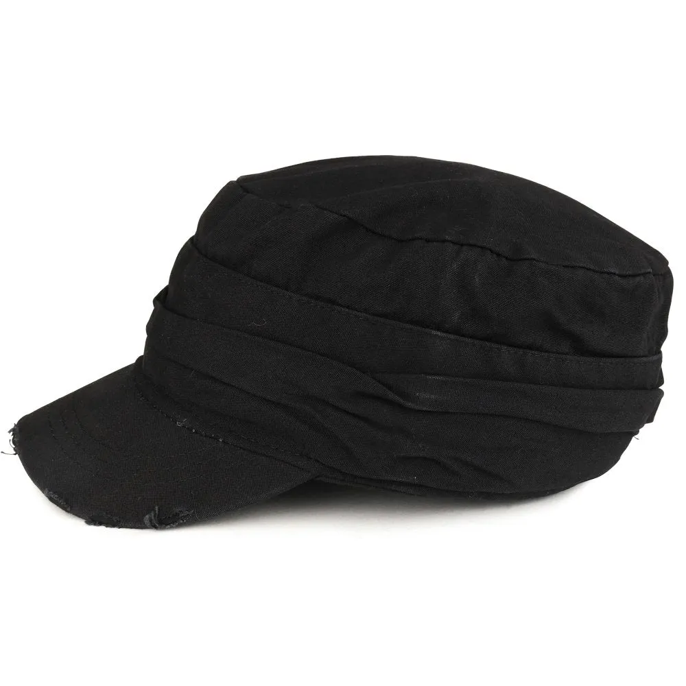 Vintage Frayed Wrinkled Elastic Band Cadet Style Army Cap