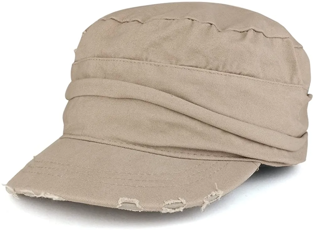 Vintage Frayed Wrinkled Elastic Band Cadet Style Army Cap